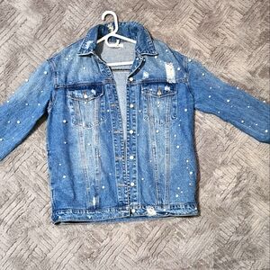 Honey Punch Blue Distressed Pearl Embellished Jean Jacket